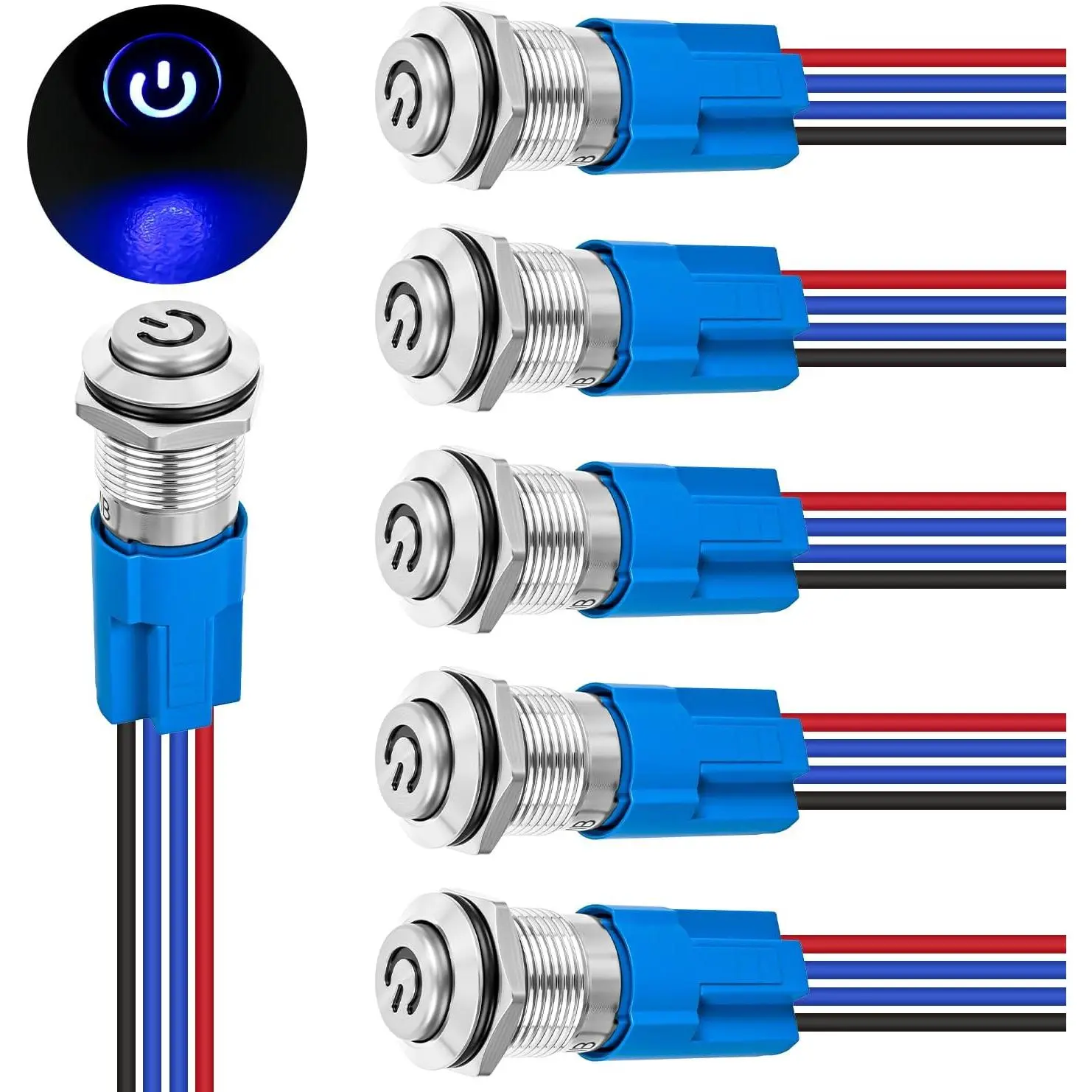 Nilight 12mm Latching Push Button Switch Set, 6pcs Blue LED Waterproof Round Metal Body Switches with Pre-Wiring Socket for Car, Boat Auto Replacement Parts, Round Shape