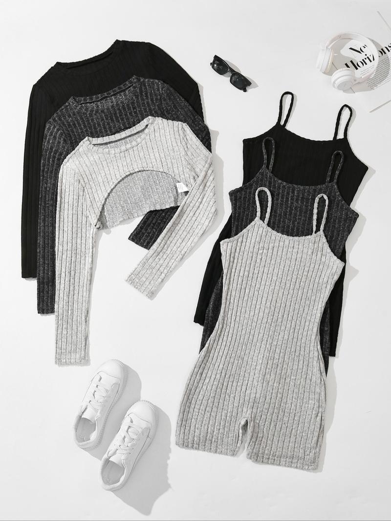 Women's Solid Ribbed Crop Top & Romper Set, Casual Basic Fashion Cozy Top & Romper for Daily Outdoor Wear, Ladies Clothes for All Seasons