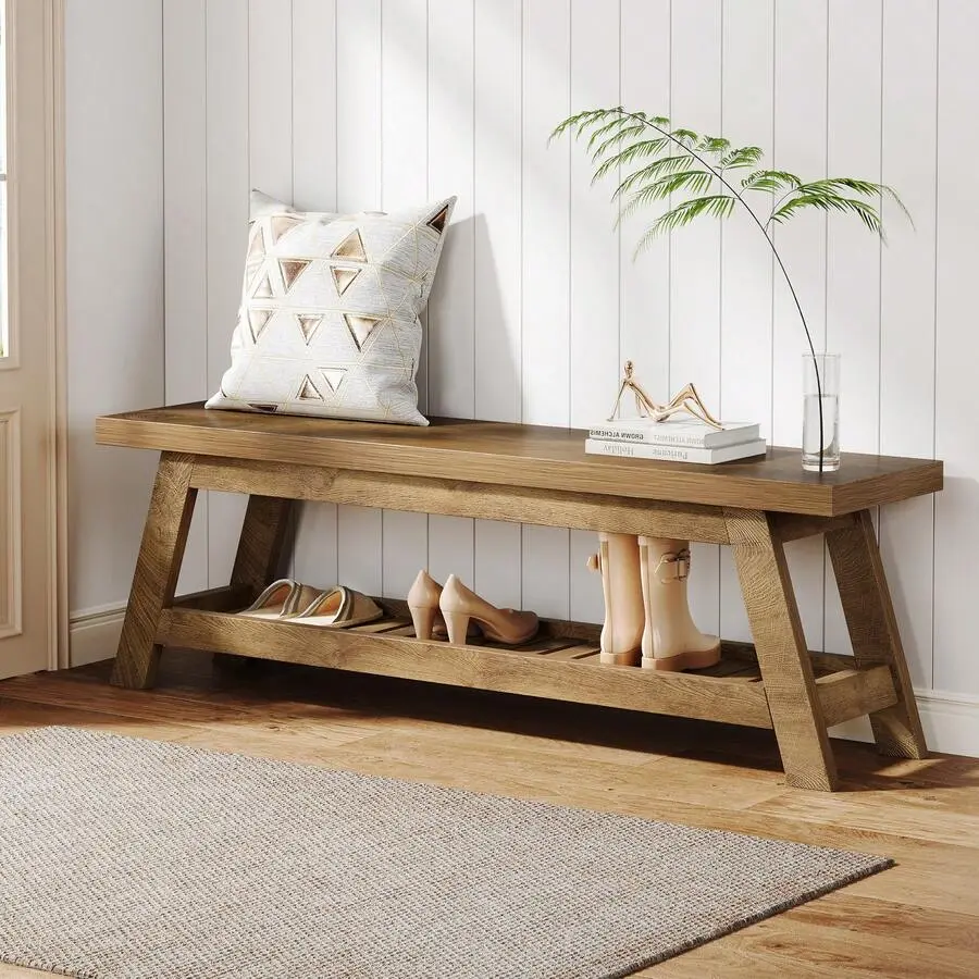55 in Rectangular Wood Entryway Bench, 2-Tier Open Shoe Storage Shelves, Narrow Seating for Hallway Foyer, Bedroom, Brown