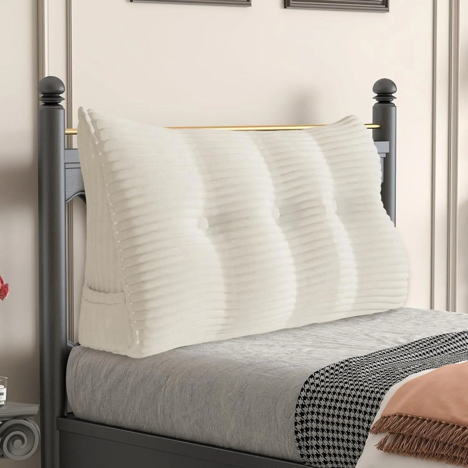 Headboard Pillow Twin, Triangular Wedge Headboard Pillow with Soft Corduroy Fabric, Wedge Bed Backrest Pillow for Sitting Up, Reading or Working, Long Bolster Pillow with Removable Cover, White
