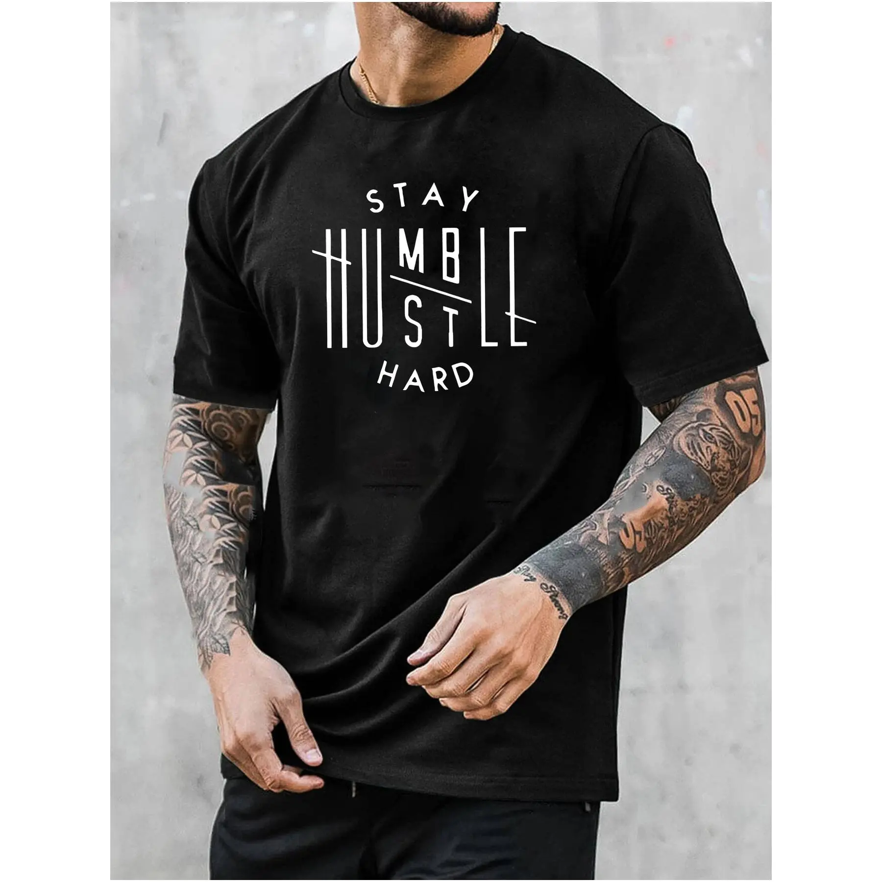 Men's Minimalist Shortleeve Tee - Black Menswear Graphic T-Shirt with "Stay Humble Hustle Hard" Print, Gym Workout Top, Casual Streetwear Layer, Cargo-Inspired, Shortsleeve, Round Neck, Letters