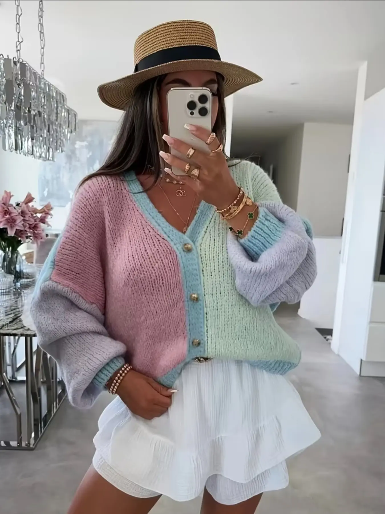 Women's Colorblock Patchwork Knit Cardigan, V Neck Button Front Loose Short Sleeve Sweater, Sweet and Gentle Style, Perfect for Casual Wear