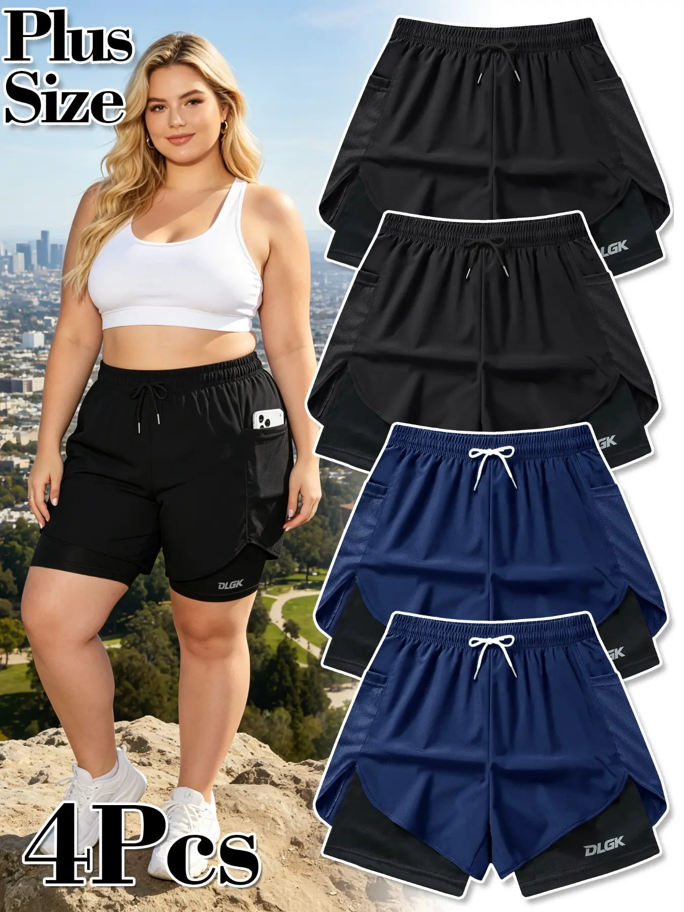 Women's Elastic Waist Drawstring Sporty Polyester Track Shorts, Loose-Fitting Plus Size Running Pants, Comfortable Casual Wear for Gym and Outdoors, Drawstring Workout Shorts, 4-Pack