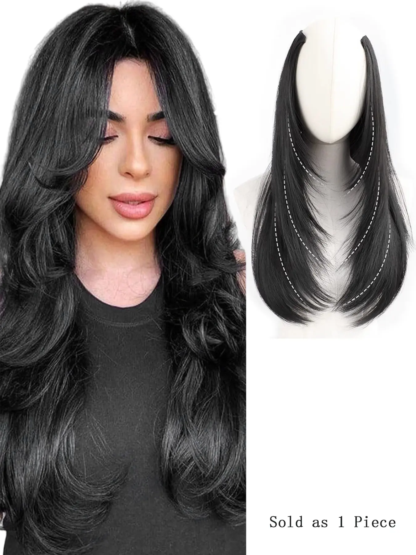 One-Piece Hair Extension, Synthetic Hairpieces, Synthetic Hair Extensions, Long Layered Straight Hair, High-Layer Voluminous Micro-Wavy, Invisible Seamless Straight Synthetic Fiber, Daily Wear
