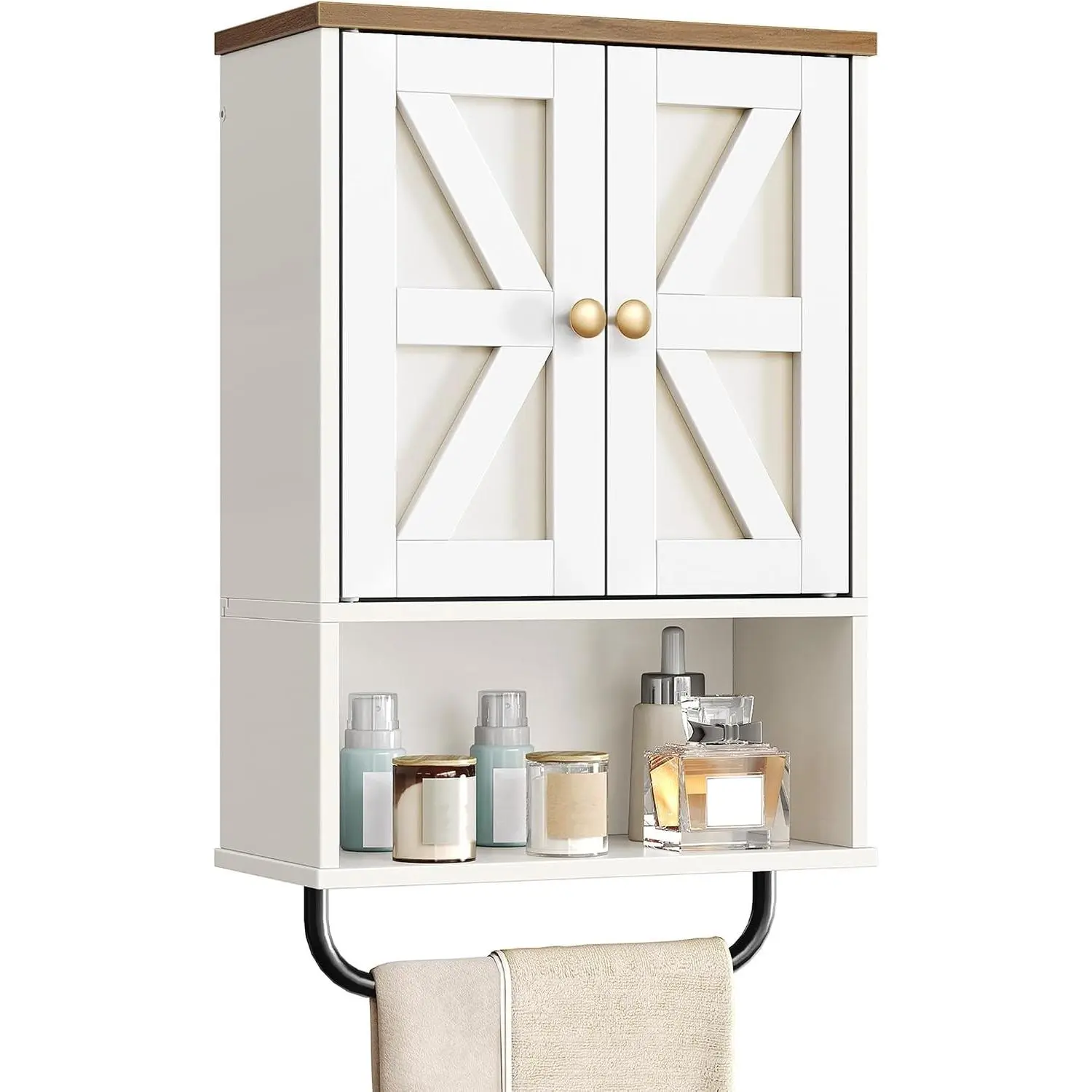 Bathroom Wall Cabinet, Medicine Cabinet with Open Partition and Towel Bar, Rustic Storage Cabinet with Open and Hidden Storage Space, for Bathroom, Living Room, Kitchen, White and Walnut