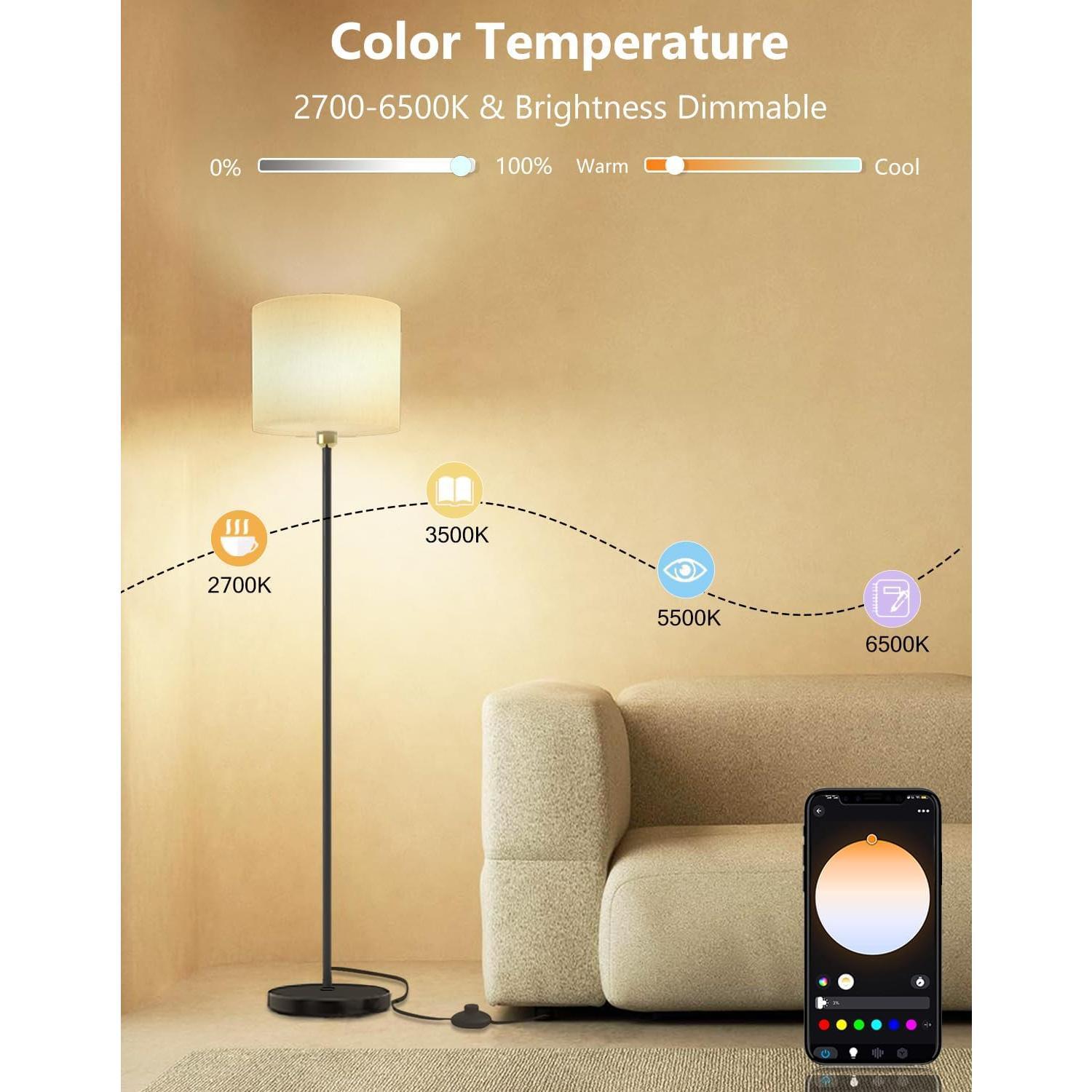 Floor lamp for Living Room Works with Alexa & , White Linen Lamp Shade LED Bright Tall Standing  Floor Lamp with Remote for Bedroom Office, Modern Color Changing Dimmable WiFi Light.
