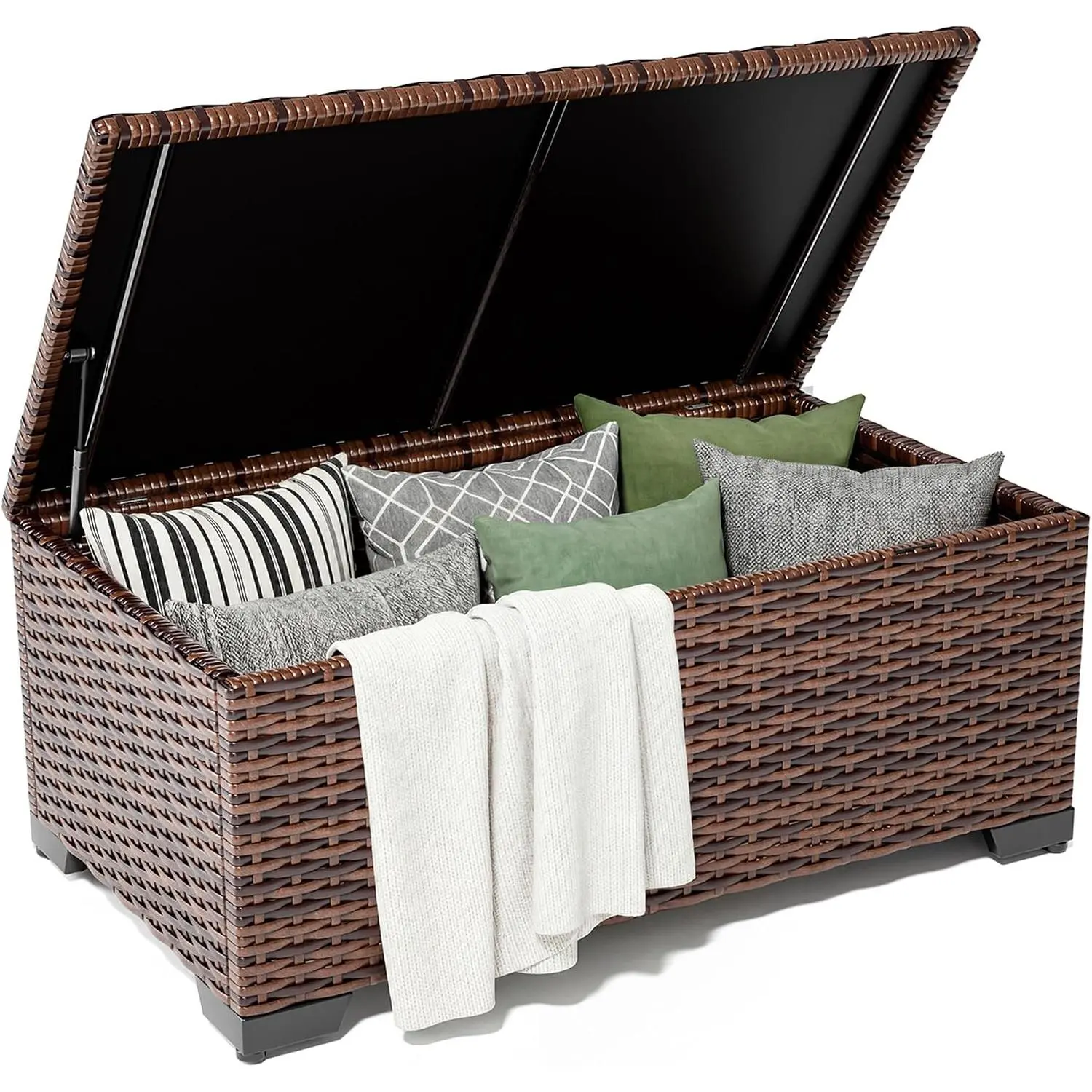 Outdoor Storage Table Patio Coffee Table All Weather Wicker Side Table with Waterproof Covers Rattan Furniture for Toys and Garden Tools