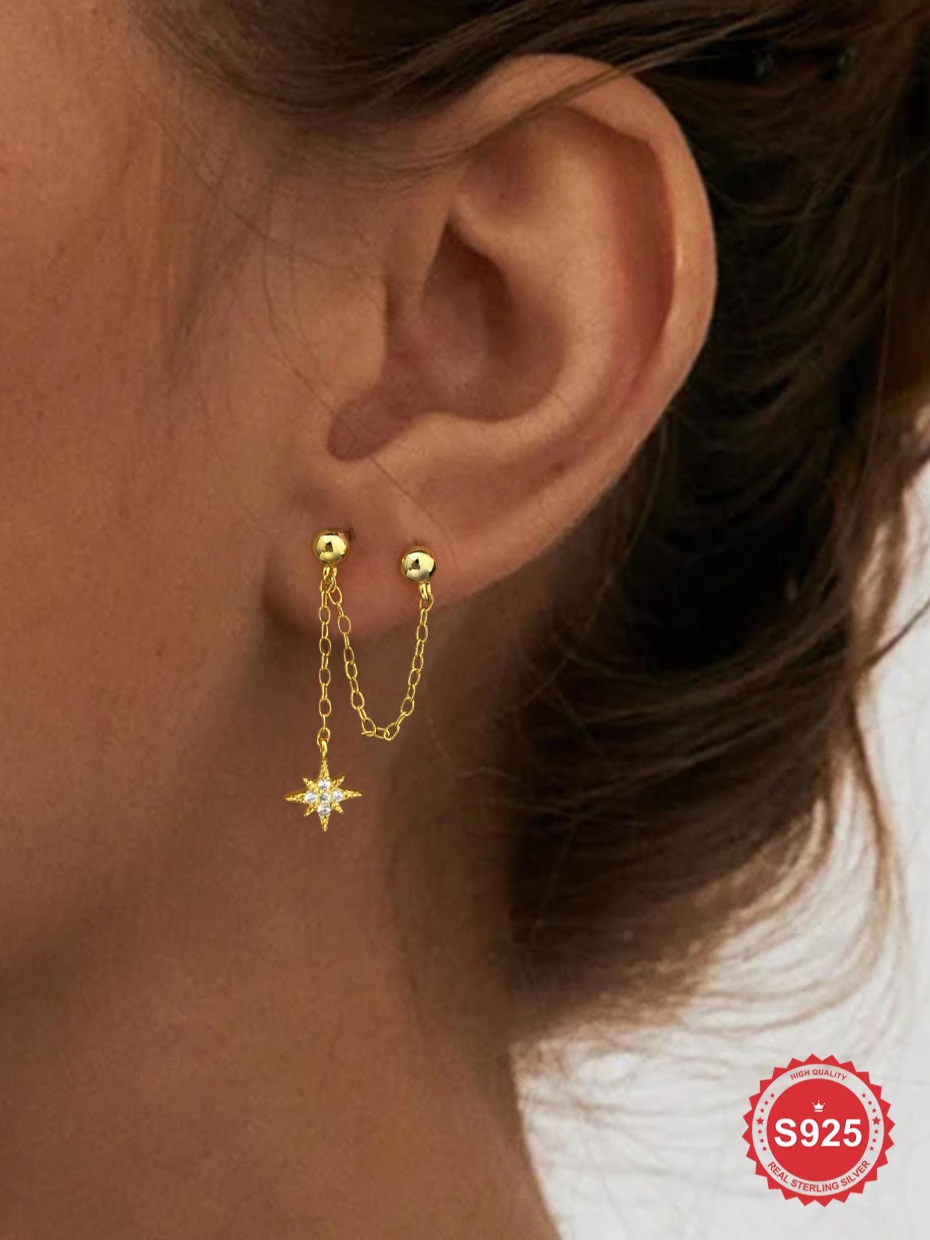 925 Sterling Silver Chain Design Earrings, Double-Threaded Eight-Pointed Star Zircon Drop Earrings, Stud Earring for Women, Fine Jewelry Gift, Elegant Minimalist Earrings