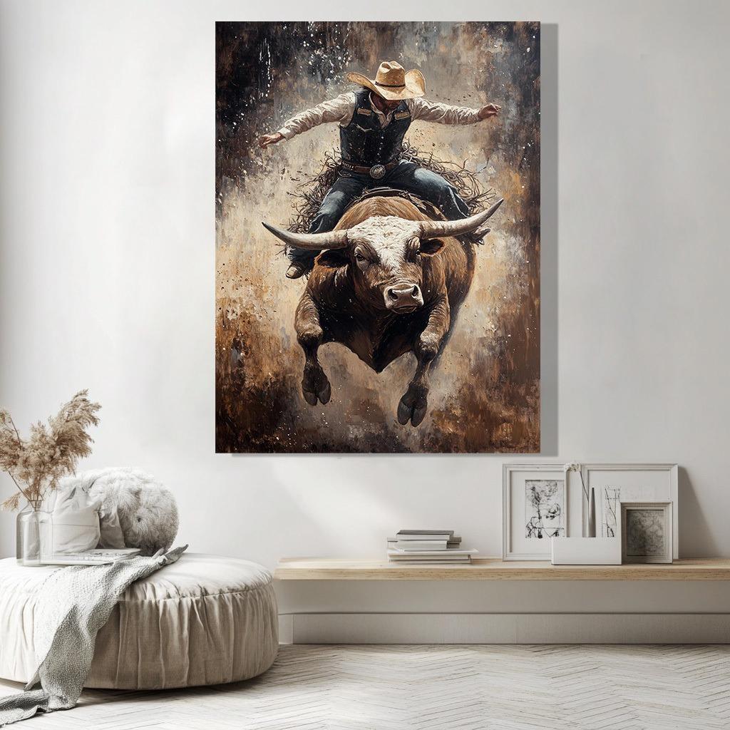 Cowboy Riding a Powerful Brown and White Bull Canvas Painting  for Living Room Bedroom Wall Art Decorative Mural Gift