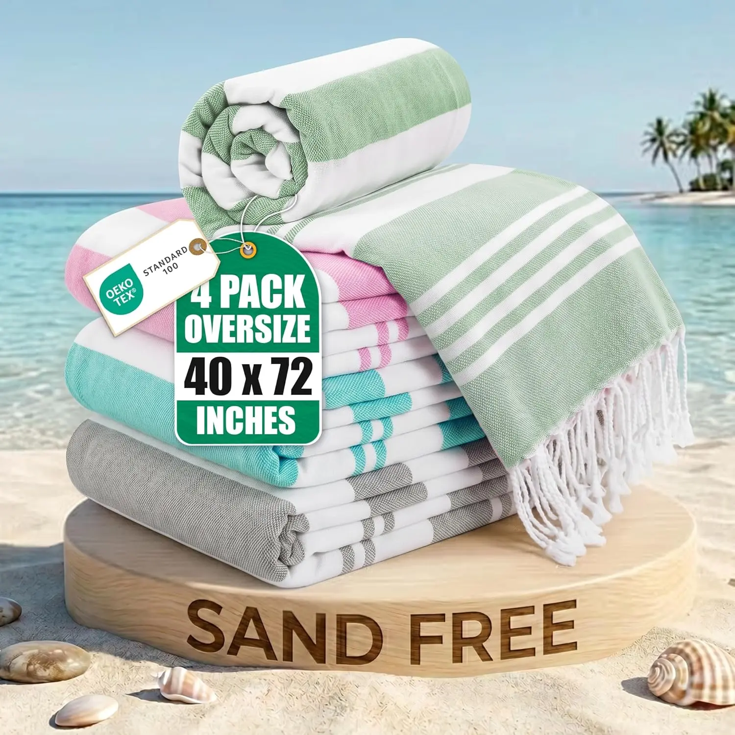 4-Pack Turkish Beach Towels (40x72 in) - 100% Cotton Oversized Beach Towels, Sand-Resistant, Lightweight, Quick-Dry, Prewashed for Soft Feel (Cool Grey, Aqua, Pink, Sea Foam), Beach Towel