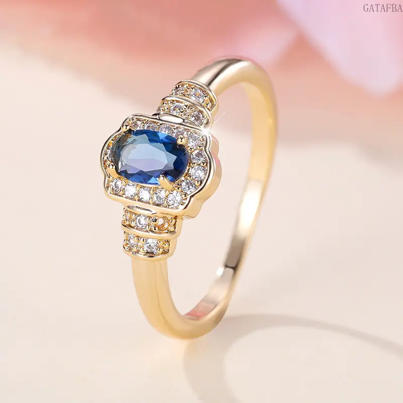 Fashion Commuter Oval Ring With Border Blue & White Zircon, Elegant Women's Finger Jewelry