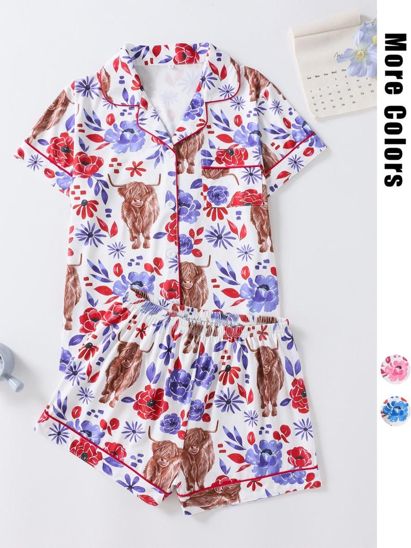 Women's Floral & Cow Print Top & Shorts Pajama Two-piece Set, Casual Comfy Short Sleeve Top & Shorts Pajama Set, Ladies Sleepwear & Loungewear for Summer, Womenswear