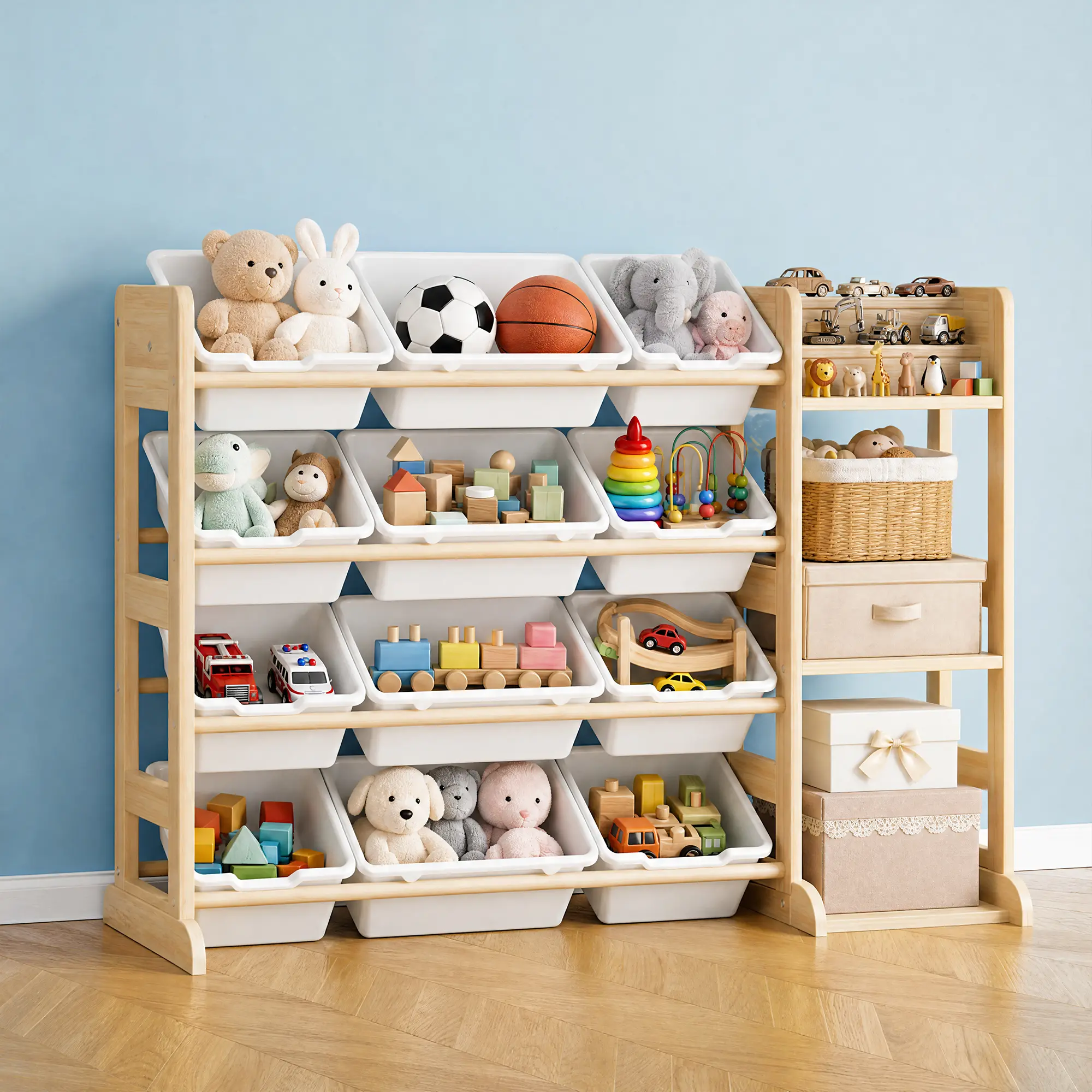Solid Wood Kids Toy Storage Organizer Cabinet – 12 Bins & 3 Open Shelves – Wide Bookshelf Unit