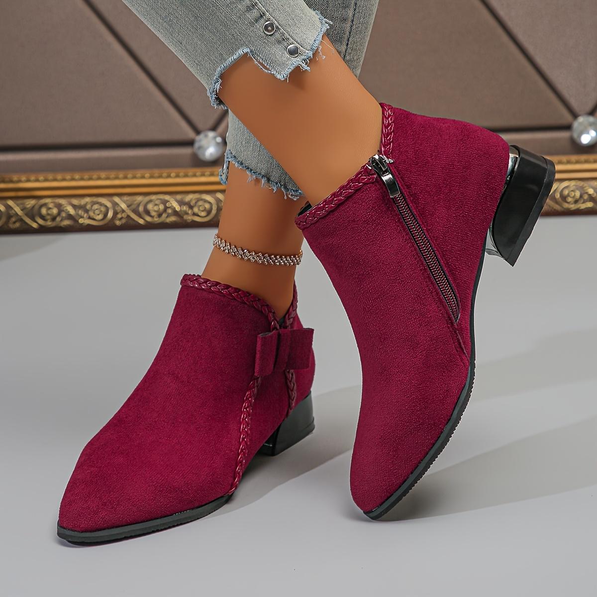 New Autumn/Winter Women's Mid-Heel Ankle Boots, Pointed Toe Single Boot with Bow, Fashionable and Versatile, Chunky Heel, Side Zipper, Women Shoes