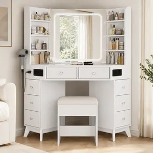 Music Corner Vanity Desk with Bluetooth Speaker, [Shipping by 2 Packages] ,Vanity with Mirror and Lights, Modern Makeup Vanity with Glass Top,  8 Drawers & 6 Shelves, 3 Color Lighting Modes, Dressing Table with Chair for Bedroom, White,SummerVibe