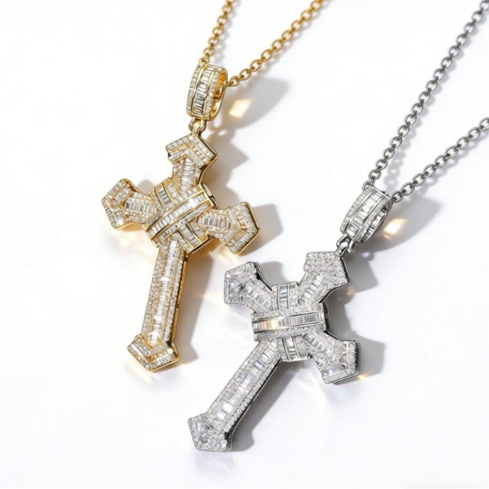 Moissanite-Set Cross Pendant with Rope Chain Unique Men's Necklace Hip-Hop Jewelry Full Pavé Shine Twisted Chain Durable Skin-Friendly Gift For Him