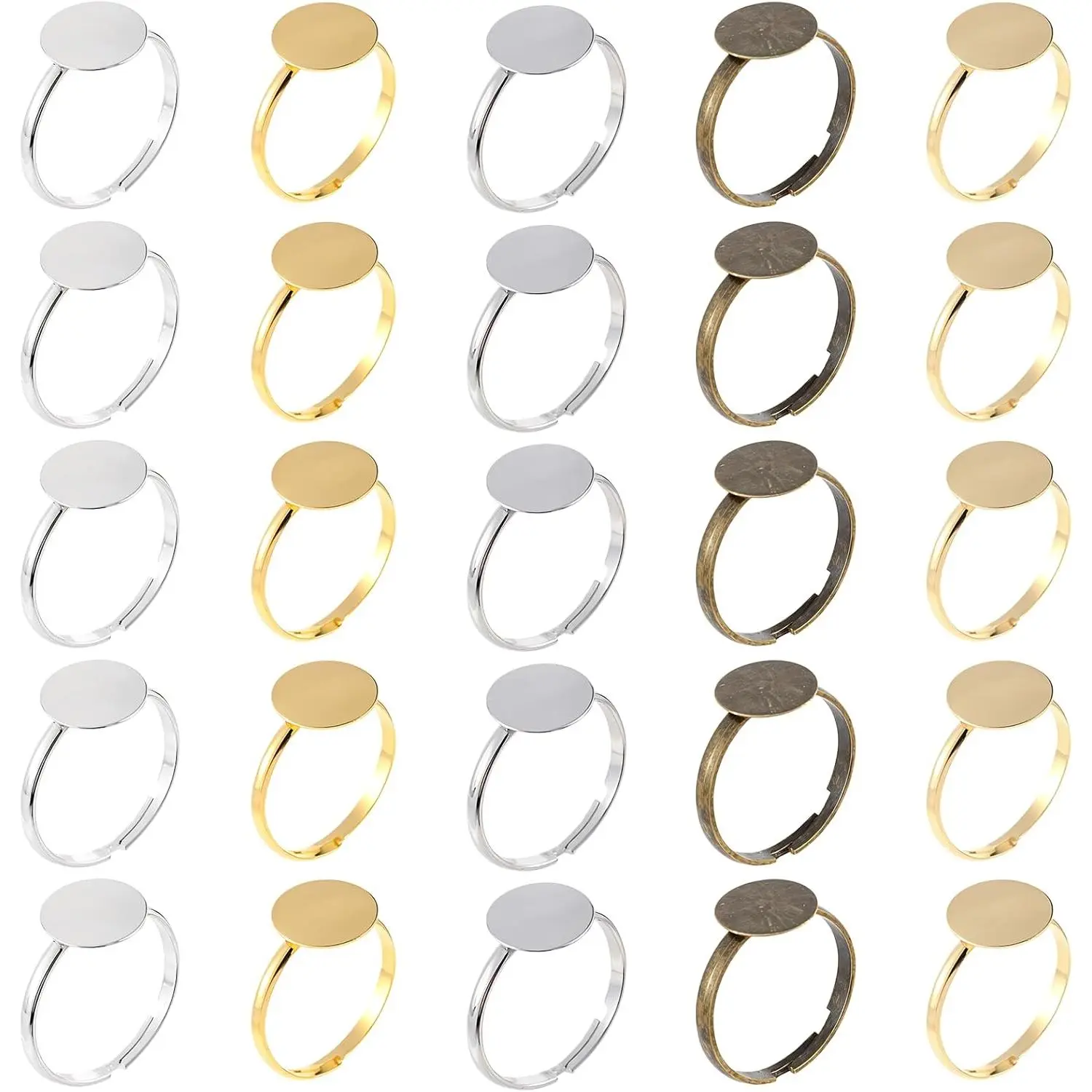 50Pcs Ring Blanks for Jewelry Making Supplies Adjustable Flat Ring Base, 12mm Rings Blanks Jewelry Findings, Silver Gold Rose Gold Black Craft Rings