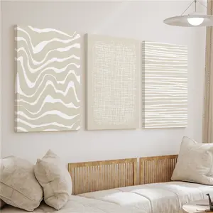 2D canvas, three beige minimalist line art oil paintings with wooden frames - neutral abstract wall decoration, with framed edges, vertical hanging, suitable for living room, bedroom, office - modern line art