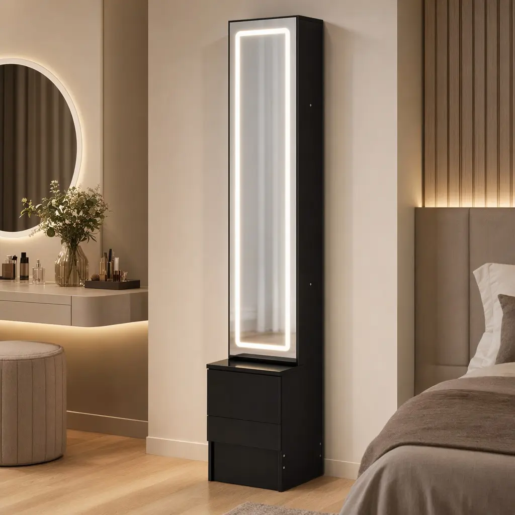ARCH Furniture 63in LED Dressing Mirror Cabinet Vanity with Mirror - Stand-Alone, 3 Color Modes, Adjustable Brightness, Multi-Layer Shelves, Black MDF, 15.70"w x11.80"d x63.00"h, 40.00lb, Led Lighting, Assembly Guide, Bedroom Storage Organization, Full-Le