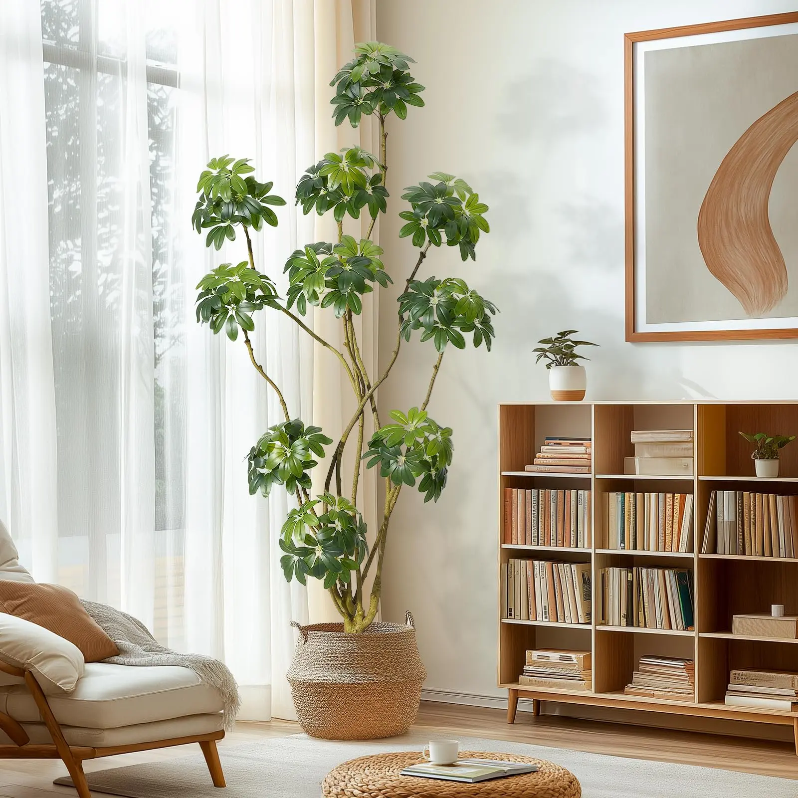 Garvee Scheffler Artificial Tree Umbrella 210 cm with Large Realistic Artificial Plants and Natural Wood Trunk, Ideal for Living Room, Bedroom, Office, and Garden Décor