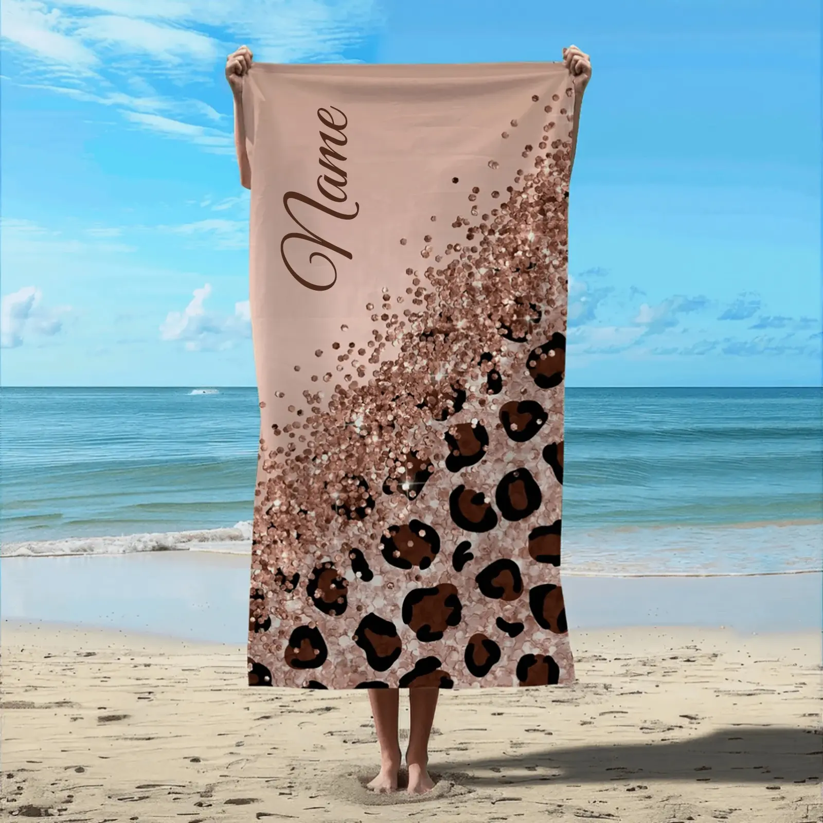 【summervibes】Customizable Name Rose Gold Glitter Leopard Print Beach Towel, Nude Pink Light Luxury Leopard Print Quick Drying Beach Towel, Women's Exclusive Customized Leopard Print Swimming Towel Gift