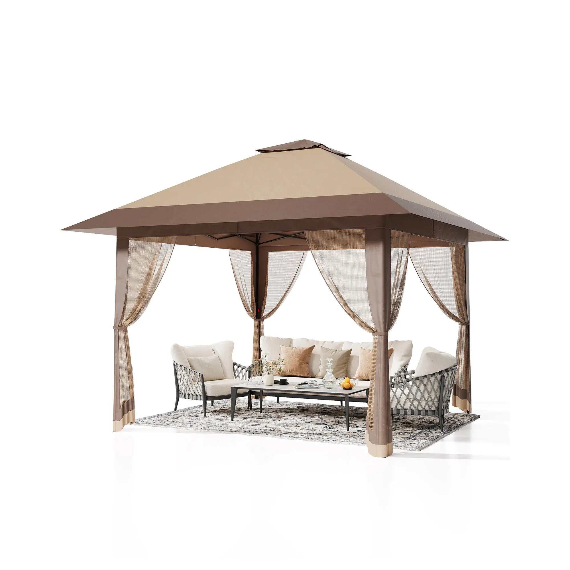 【Garvee】13x13FT Pop Up Outdoor Patio Canopy Gazebo - Double Vented Roof, Adjustable Height, Waterproof, UV-Resistant, Mosquito Netting, 4 Sandbags, Sun Protection, Sturdy, Portable Shade Shelters & Gazebos, Beach-Safe Shelters & Gazebos - Khaki & Coffee