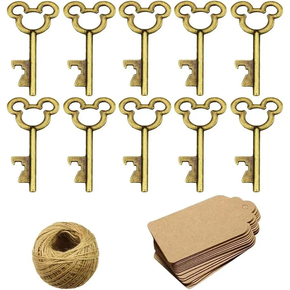 50Pcs Vintage Skeleton Key Bottle Openers with 50pcs Escort Card Tag and Twine for Wedding Party Favors Rustic Decoration (Bronze)
