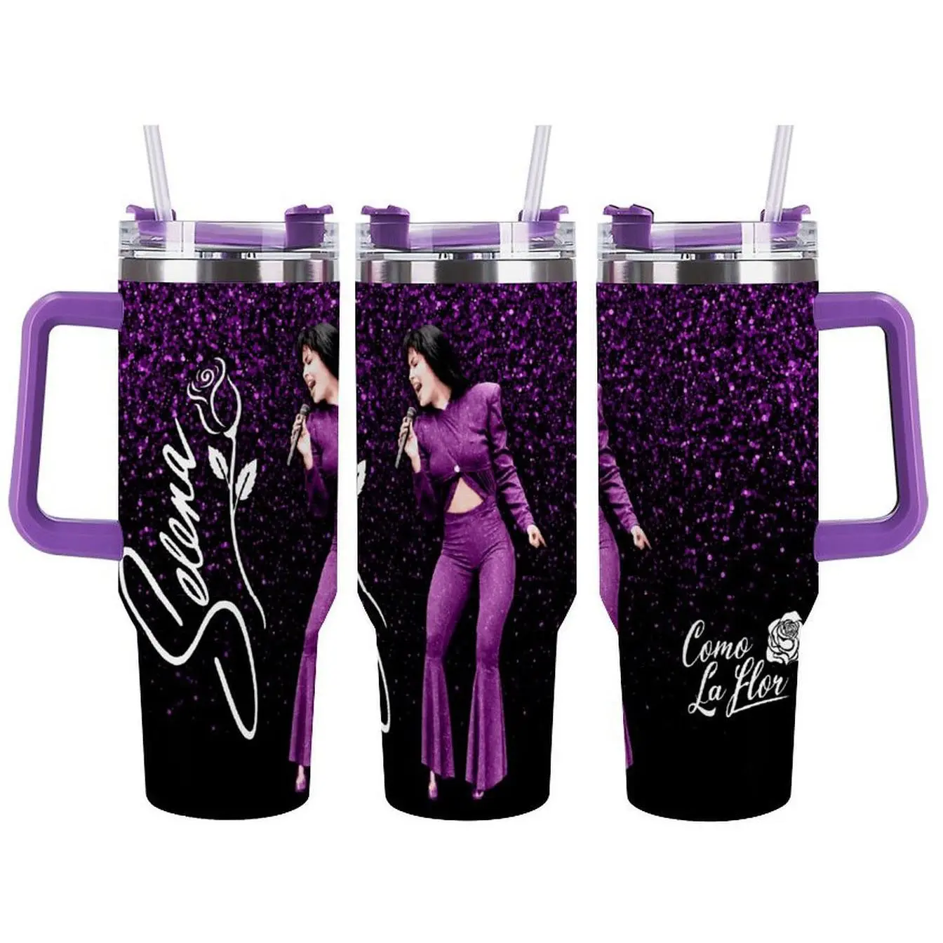 Selena Quintanilla 40oz Tumbler , Como La Flor Purple Glitter Cup, Insulated Travel Mug for Selena Fans & Latin Music Lovers