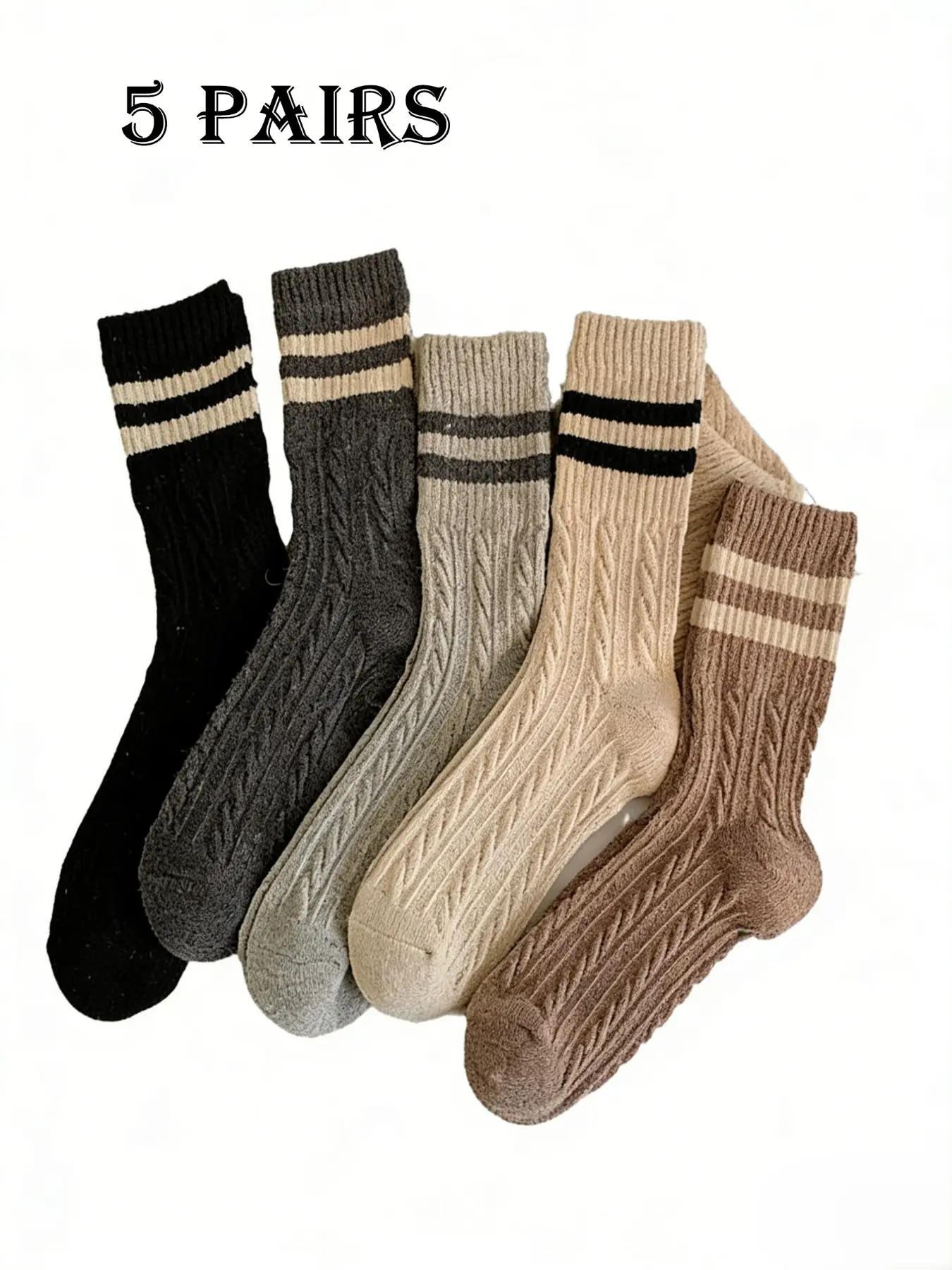 5 Pairs Women's Simple Striped College Style Thick Warm Mid-Calf Socks, Soft Breathable, Anti-Pilling, Cozy Winter Footwear