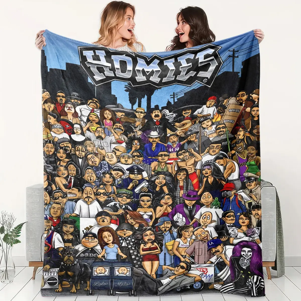 1pc Homies West Coast Cartoon Crew Fleece Blanket, LA City Skyline Latin Street Full Character Comic Print, Soft Warm Nap Throw For Sofa Bed Office Camping Trip, Ideal Halloween Gift