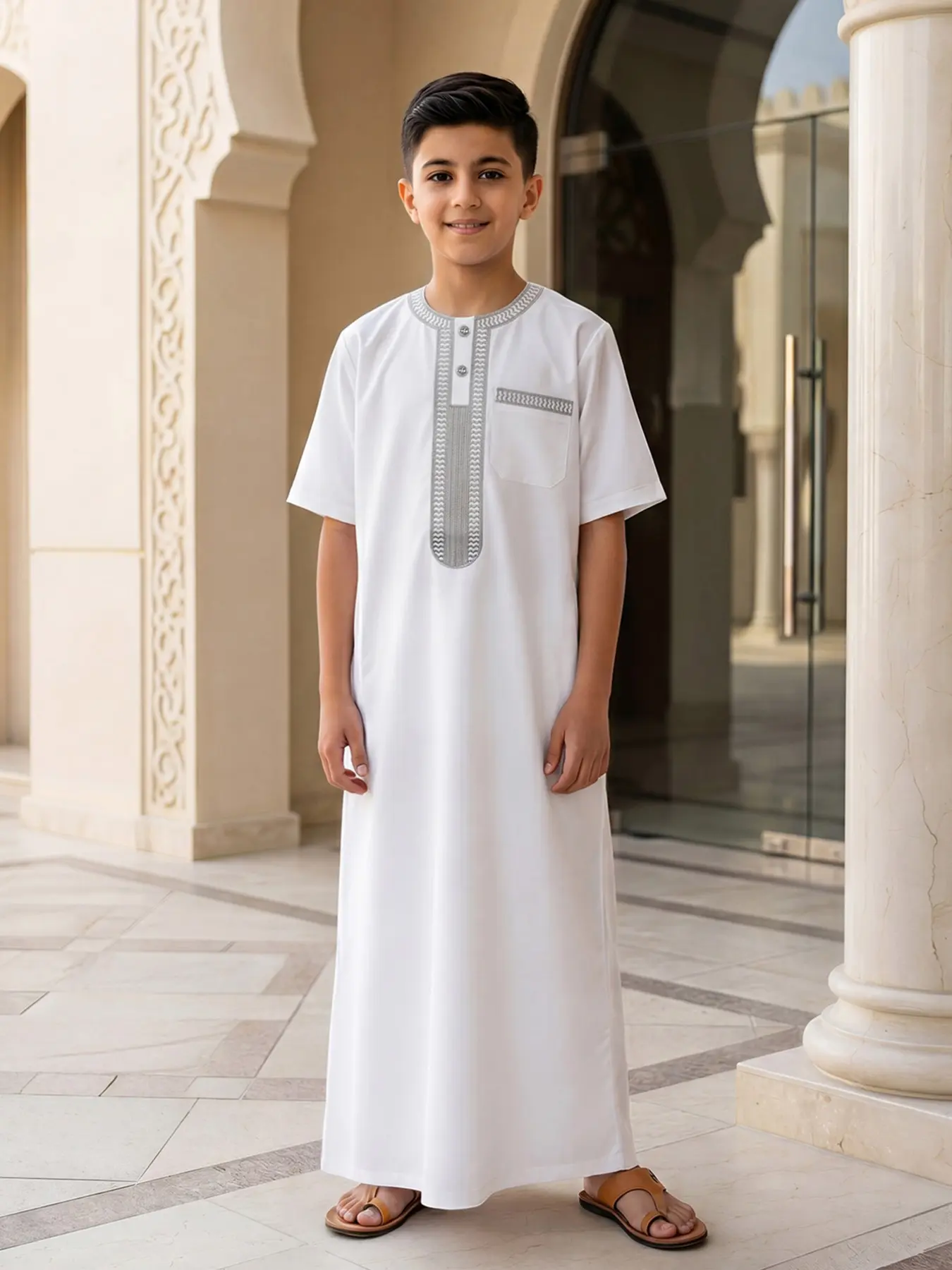Muslim Boy Short Sleeve Thobe, Silver Color Embroidered Buttons, Round Neck, Side Invisible Pockets, Suitable for Ages 8-12