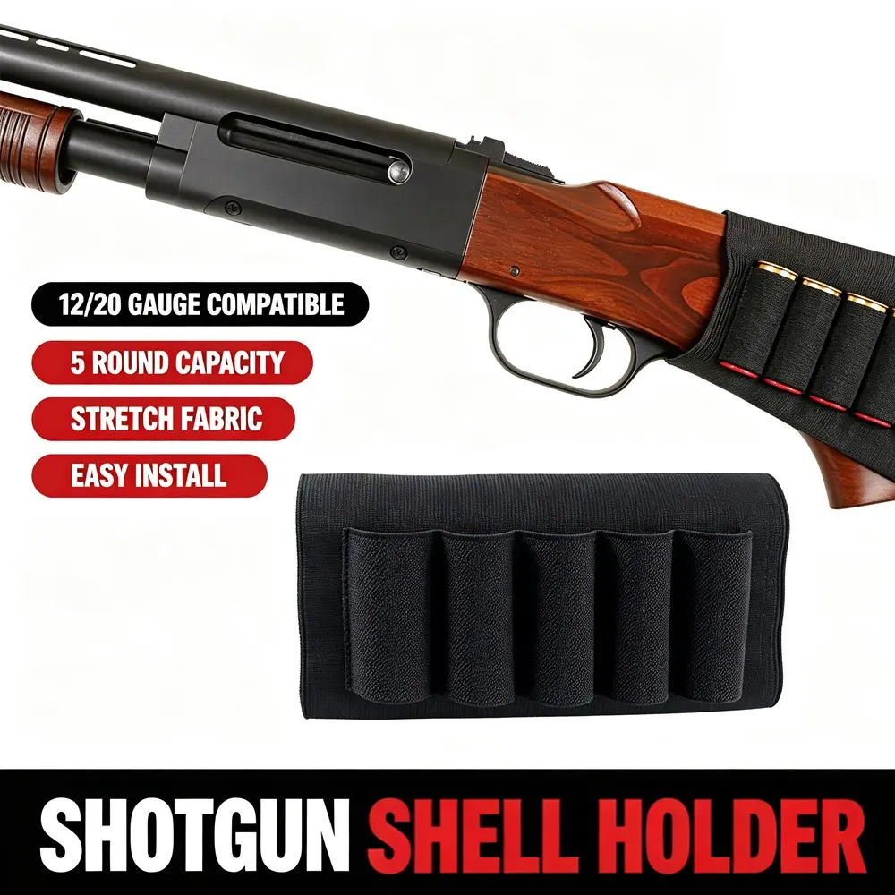 Shotgun Ammo Pouch, Tactical Hunting Shell Holder, Elastic Nylon Carrying Bag, Round Shell Storage, Fits 12/20 Gauge Shells, 5-Shell Capacity
