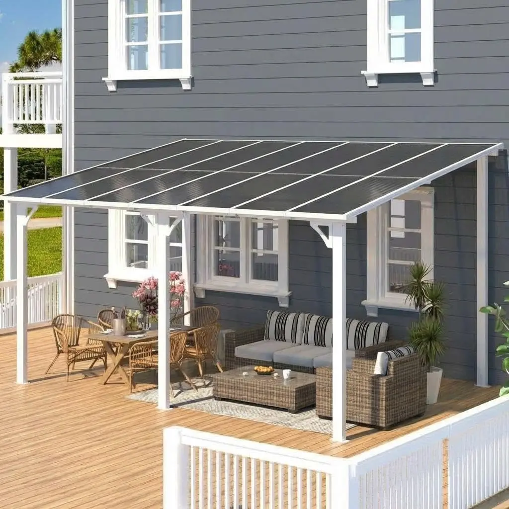 GARVEE 10x12Ft Wall Mounted Gazebo, Hard Top Lean to Gazebo Pergola with Roof & Gutters, Large Wall-Mounted Heavy Duty Awnings, Outdoor Gazebo for Patio, Deck, Porch, Backyard, White