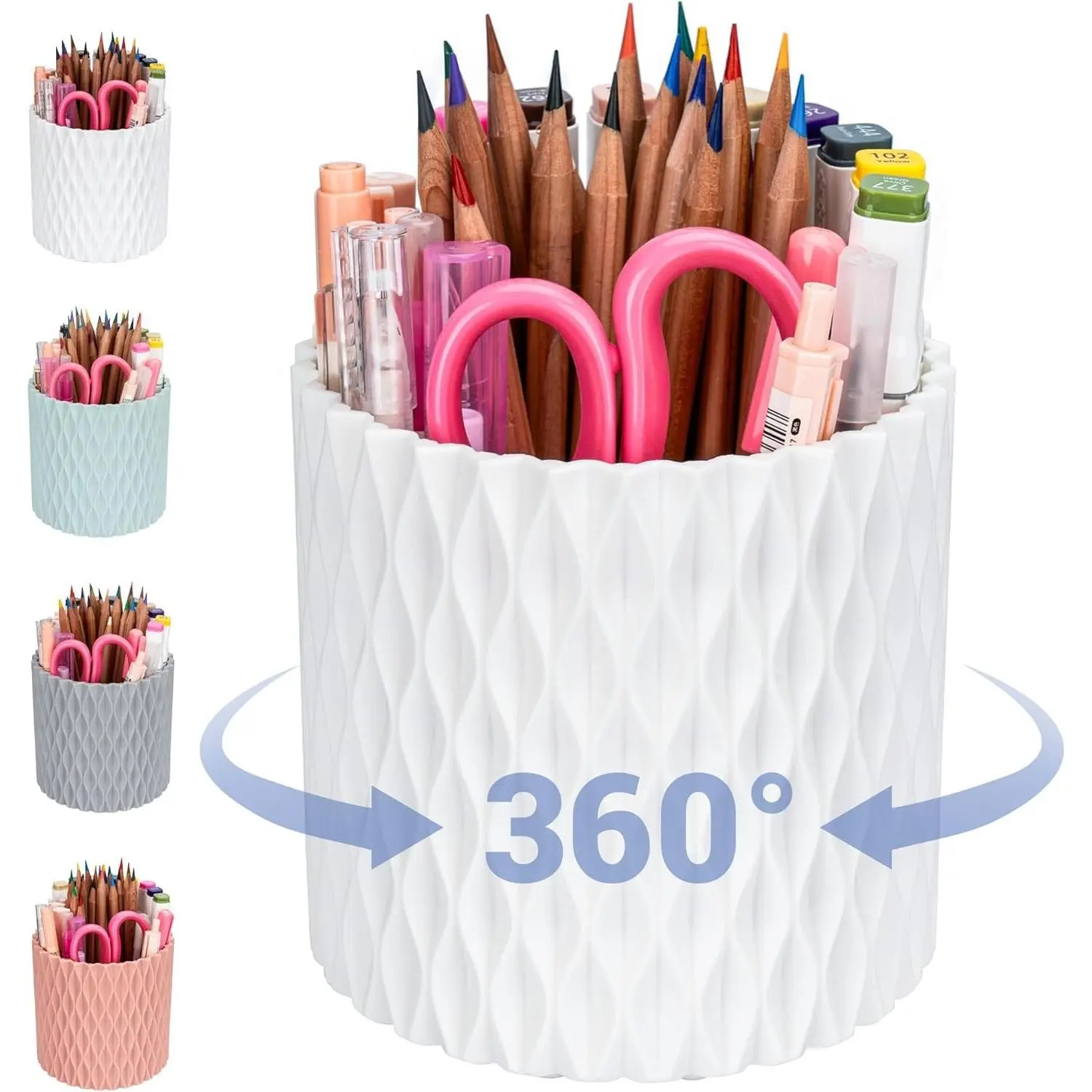 360° Rotating Pen Holder with 5 Slots - Desk Organizer for Office, School, Dorm Room & Vanity, White Desk Accessories