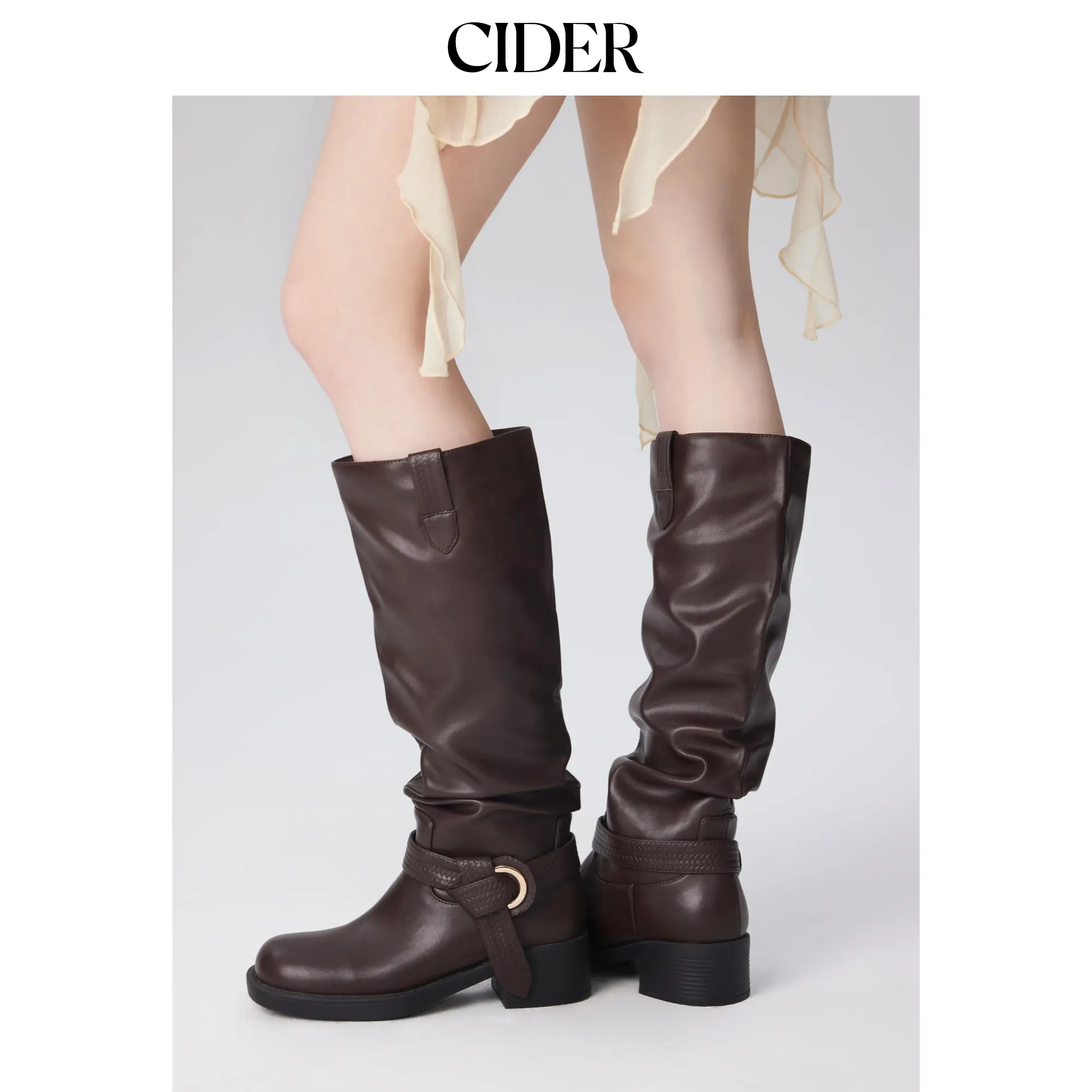 Cider BUCKLE CHUNKY HEELED KNEE HIGH BOOTS SohoChic