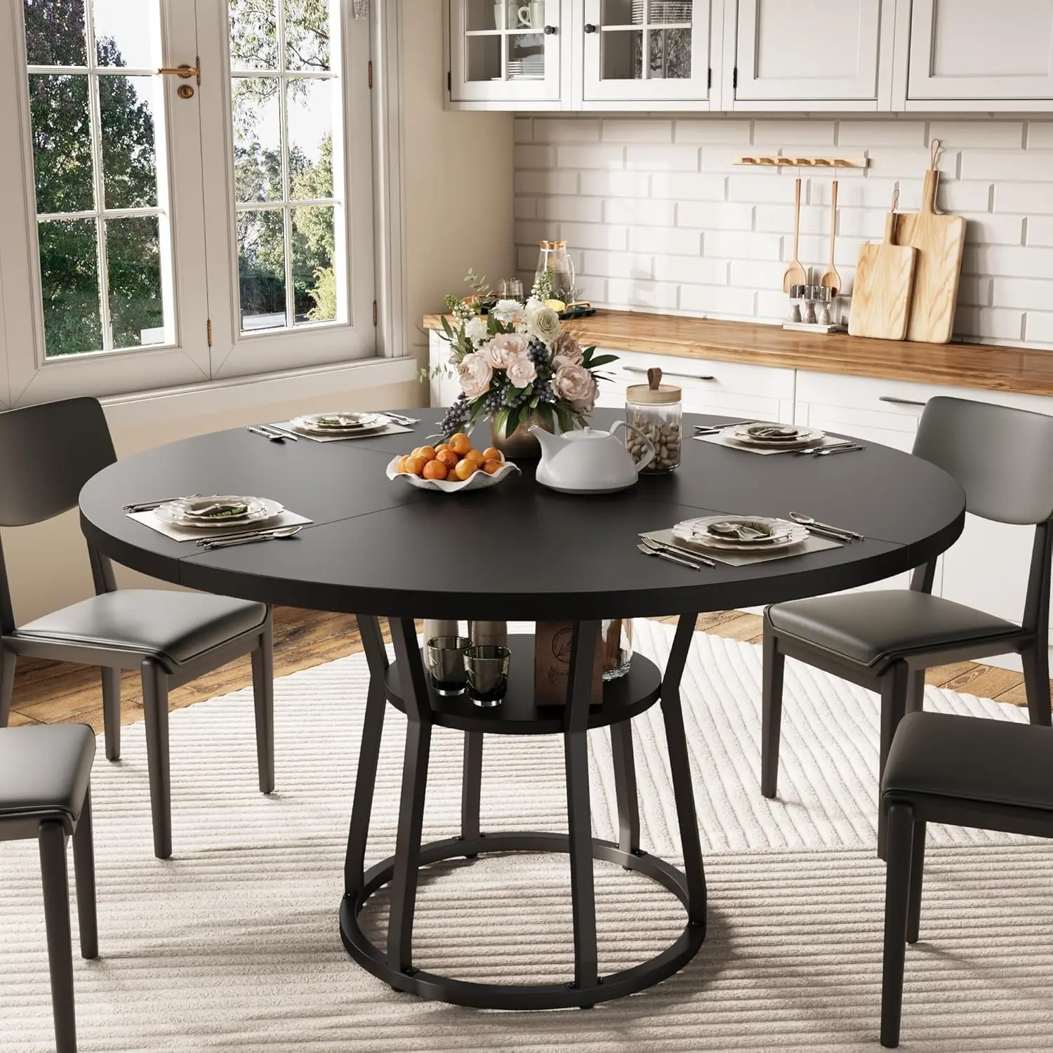 Round Dining Table for 4-6, Wood Dining Room Table with Storage Shelf & Metal Base, Farmhouse Kitchen Table, Round Table for Home