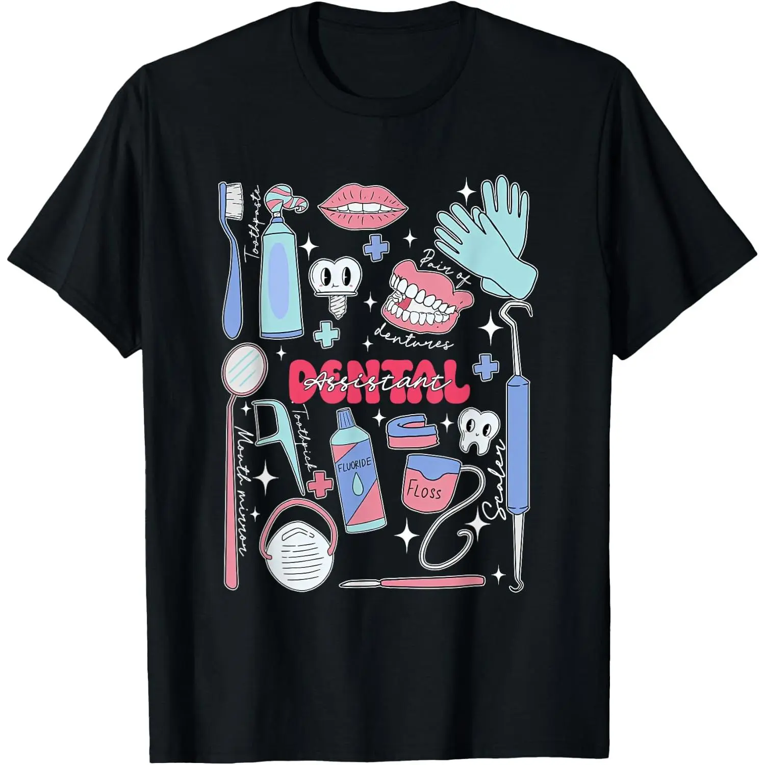 Graphic T Shirt, Dental Assistant Tools Print 100% Cotton Crew Neck Tee, Cute Dental Office Short Sleeve Shirt