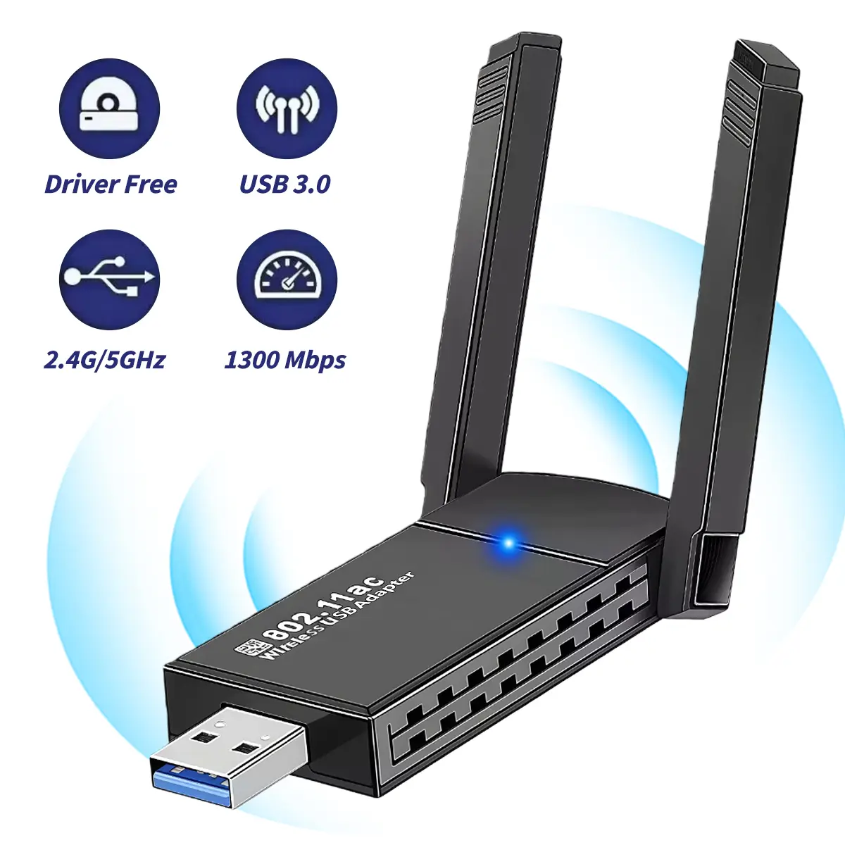 1300Mbps 5dBi Dual Band USB PC WiFi Adapter - 2.4GHz/5GHz 11ac Wireless Dongle with High Gain Antennas,Driver-Free Plug-and-Play,AP Mode Support for Windows 11/10/7, USB WiFi Adapter for Desktop PC