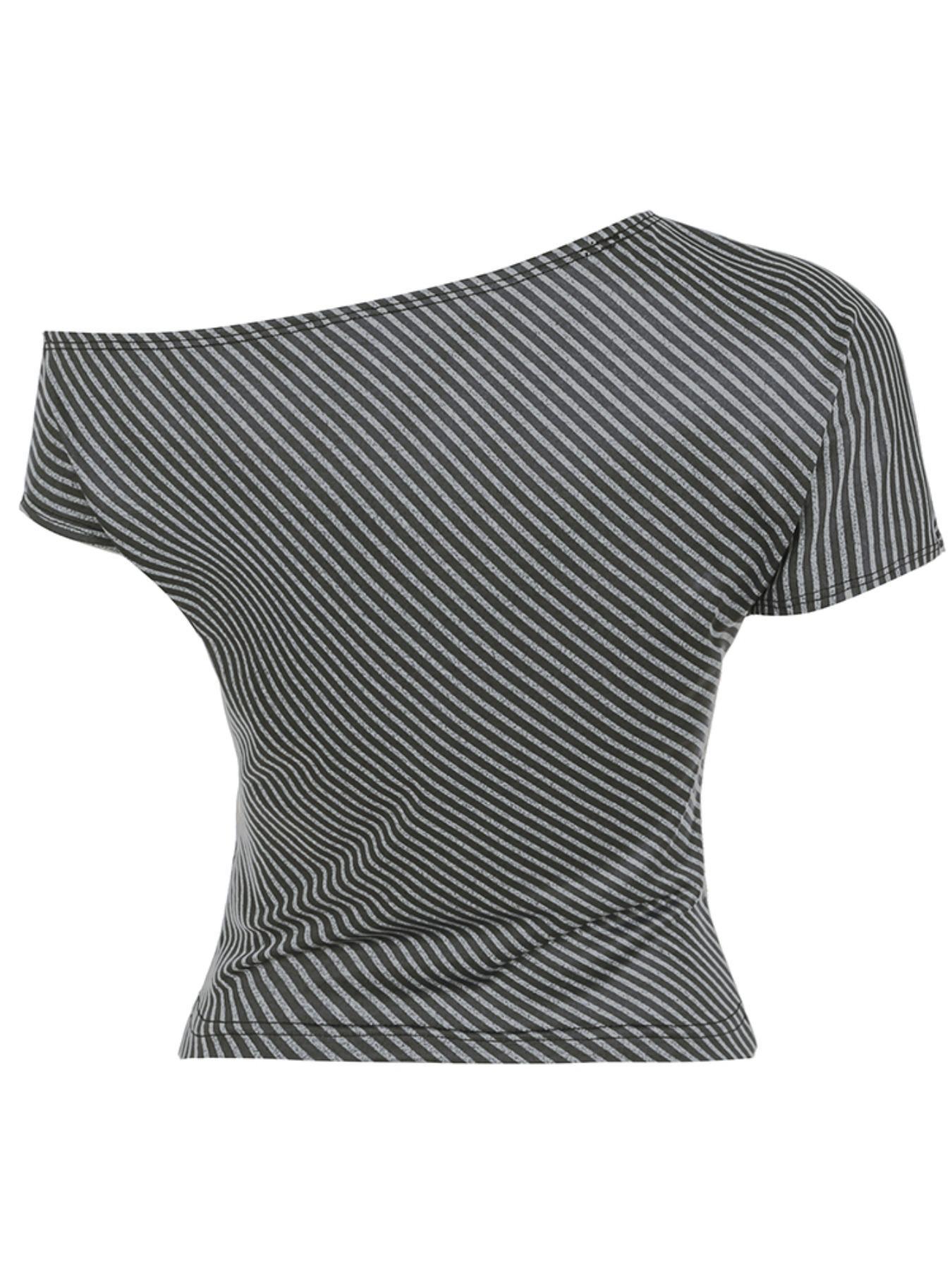 Women's Striped Print Asymmetrical Neck Tee, Casual Short Sleeve T-shirt for Summer, Fashion Women's Top for Daily Wear