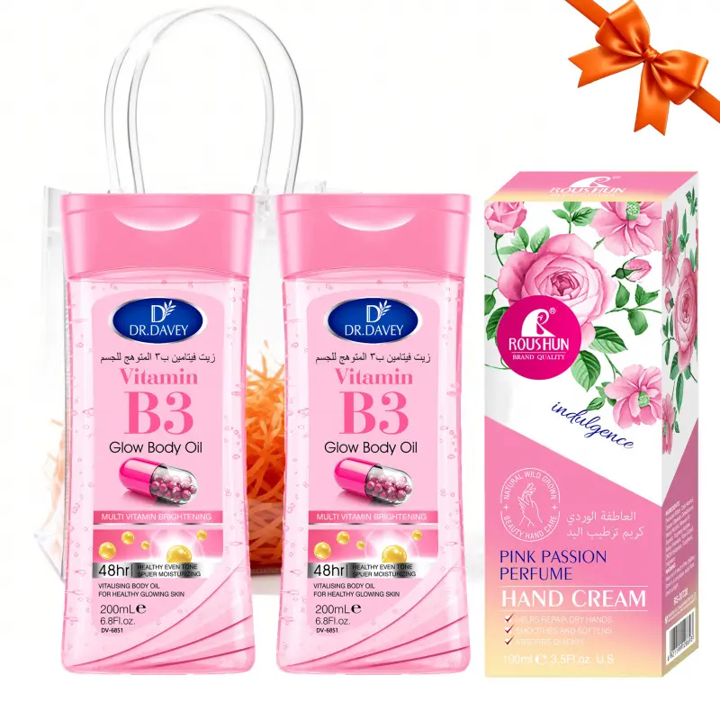 3PCS Vitamin B3 Glow Body Oil+Rose Hand Cream Four Seasons Moisturizing Skincare Set Gift for Daily Skincare Four Seasons Suitable for Men and Women Moisturizing and Nourishing Skin Travel Portable Body Care Bundle Body Care Sets