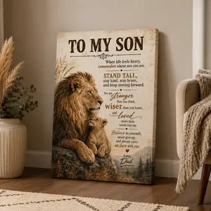 Father Son Lion Canvas Wall Art, Inspirational Decorative Poster Print, Rustic Wildlife Quote Wall Decor for Bedroom Nursery Kids Room Living Room Office, Available as Unframed Canvas Poster or Framed Canvas Wrap