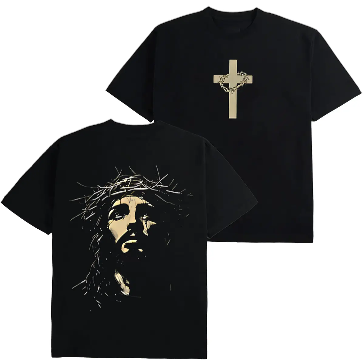 Christian Faith Graphic T-Shirt Front Cross Print Back Jesus Crown Of Thorns Design, Unisex Faith Inspired Streetwear Tee, Casual Religious Apparel Gift For Believers Men Women Daily Outfit