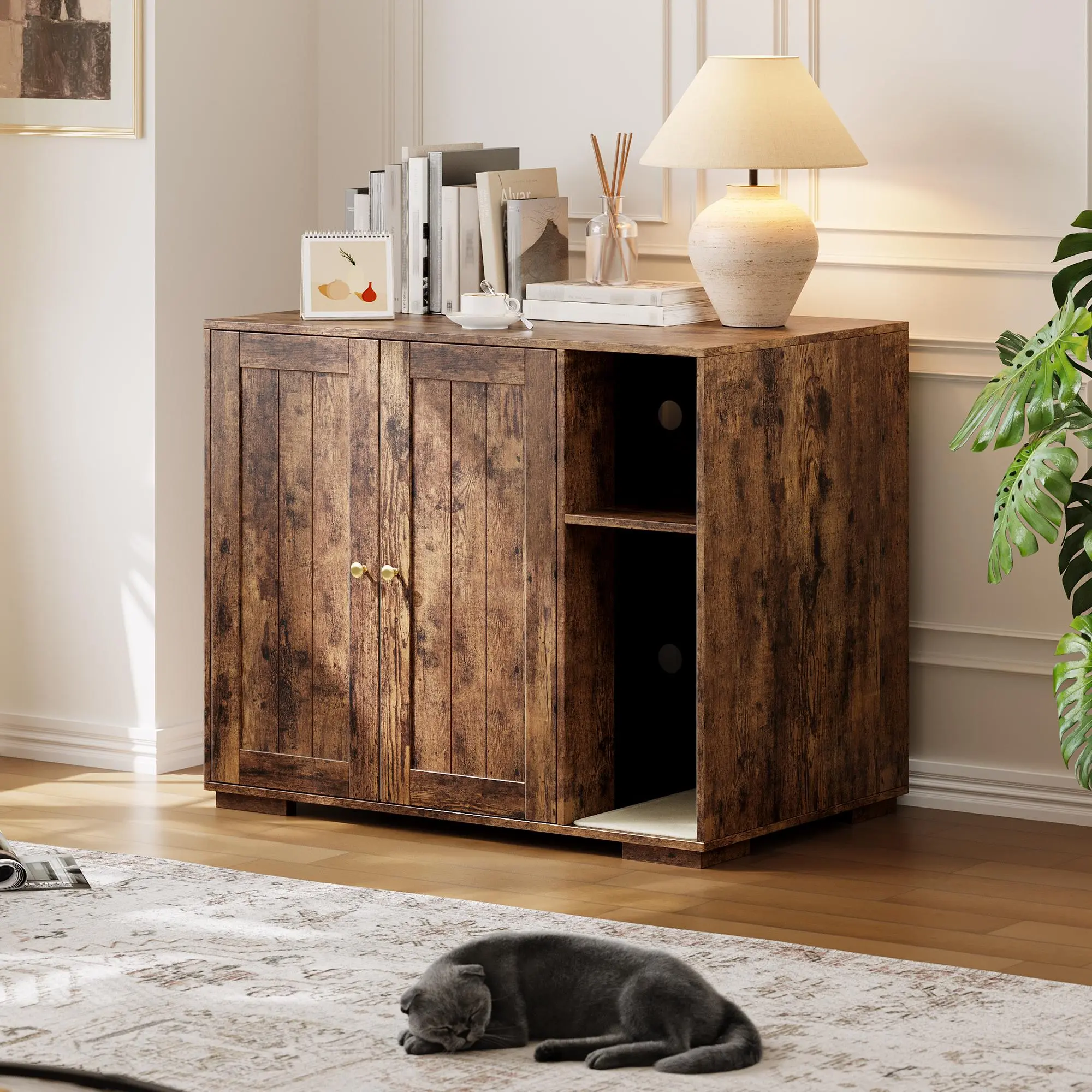 Cat Litter Robot Enclosure Cabinet, Cat Litter Box Furniture Hidden with Charging Station+Scratching Pad, for Living Room Apartment
