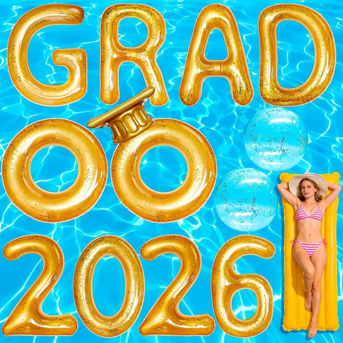 2026 Pool Graduation Decorations - 14 Pcs Glitter Inflatable Float Letters & Beach Balls, Adult Grad Party Supplies for Class of 2026 Swimming Pool Celebrations