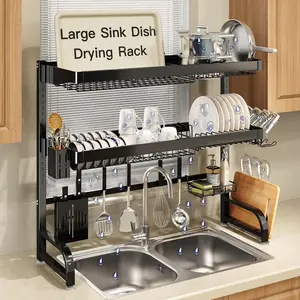3 Tier  Stainless Steel Expandable Over The Sink Dish Drainer Drying Rack, Rust Proof Metal, Space Saving, Modern Black Big Capacity Extendable Plate Strainers Above Counter
