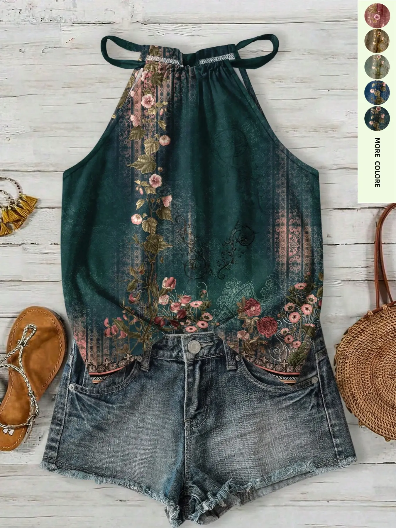 Vintage Floral Drawstring Halter Top, Unique Design Sleeveless Shirt, Loose Fit Conceals Belly Fat, Perfect for Outing Photoshoots