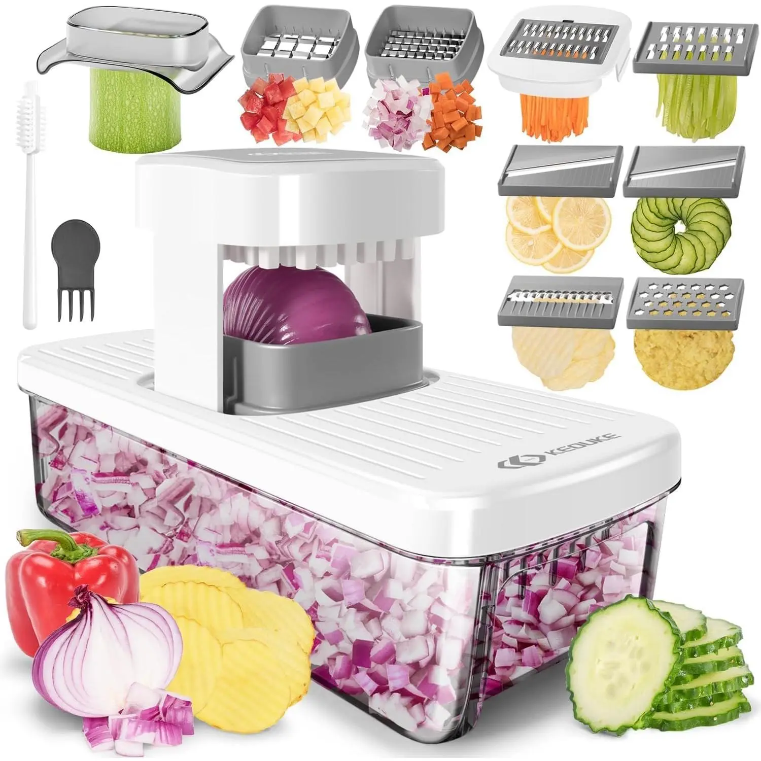 8-in-1 Vertical Vegetable Chopper Mandoline Slicer with Container White - Safe Tap Out Dicer with Hand Guard for Easy Food Prep, Onion Veggie Fruit