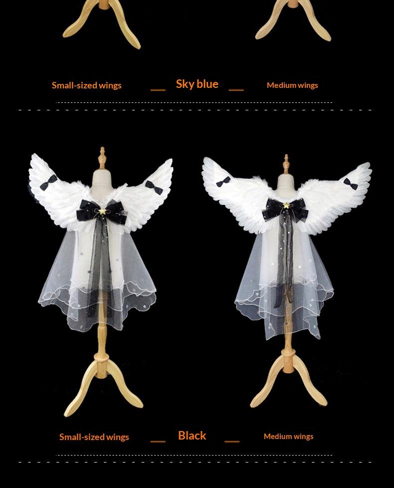 Angel Feather Wings Props for Christmas & Halloween Performance Costume Stage Princess Back Decoration White & Blue Bow