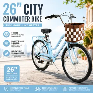 26 Inch 7-Speed City Commuter Bike with Basket & Lock, High-Tensile Steel Frame Urban Bicycle with Lightweight Alloy Wheels & V-Brakes for Men Women Adult Riding