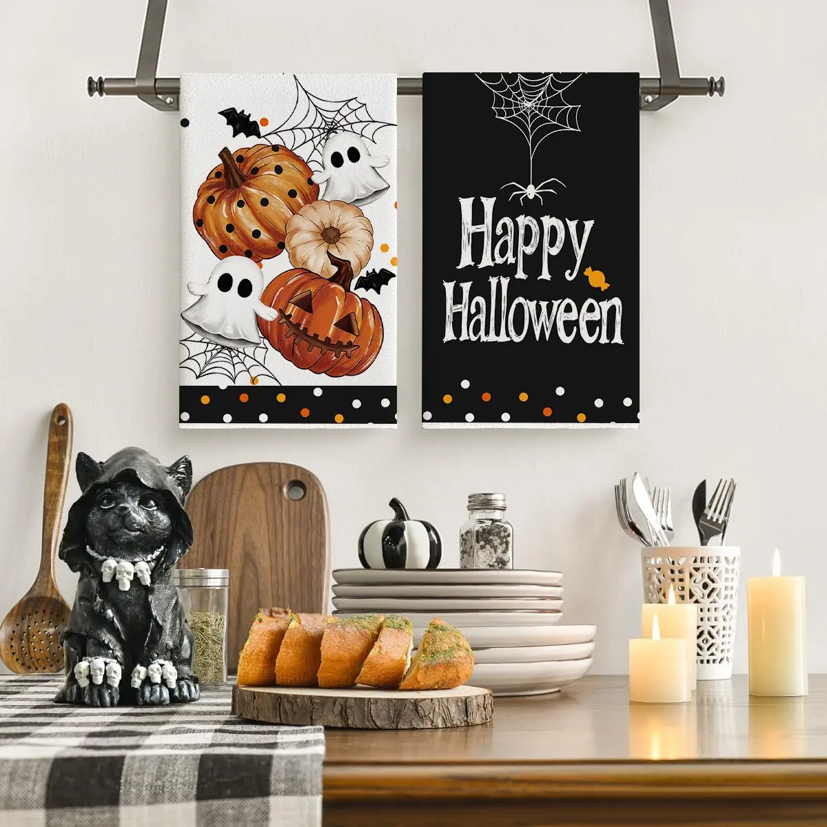 2/4pcs Halloween Kitchen Towels, Trick or Treat Ghost Jack-o'-lantern Bat Spider Web Dish Towels, Classic Black Halloween Themed Absorbent Cleaning Towels, Decorative Hand Towels, Farmhouse Home Kitchen Decor Towels